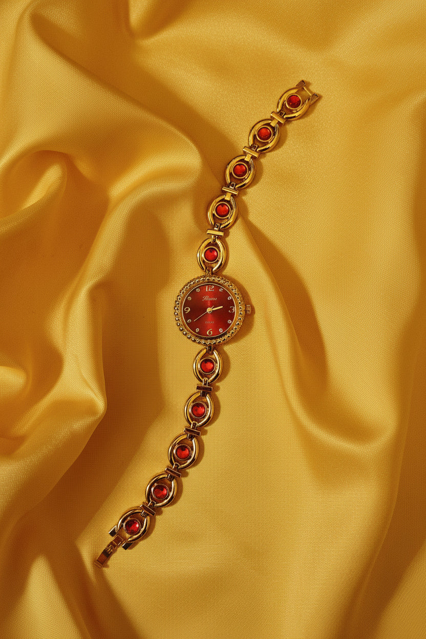 "Ruby" - Elegante Schmuckuhr in Gold mit roten Schmucksteinen