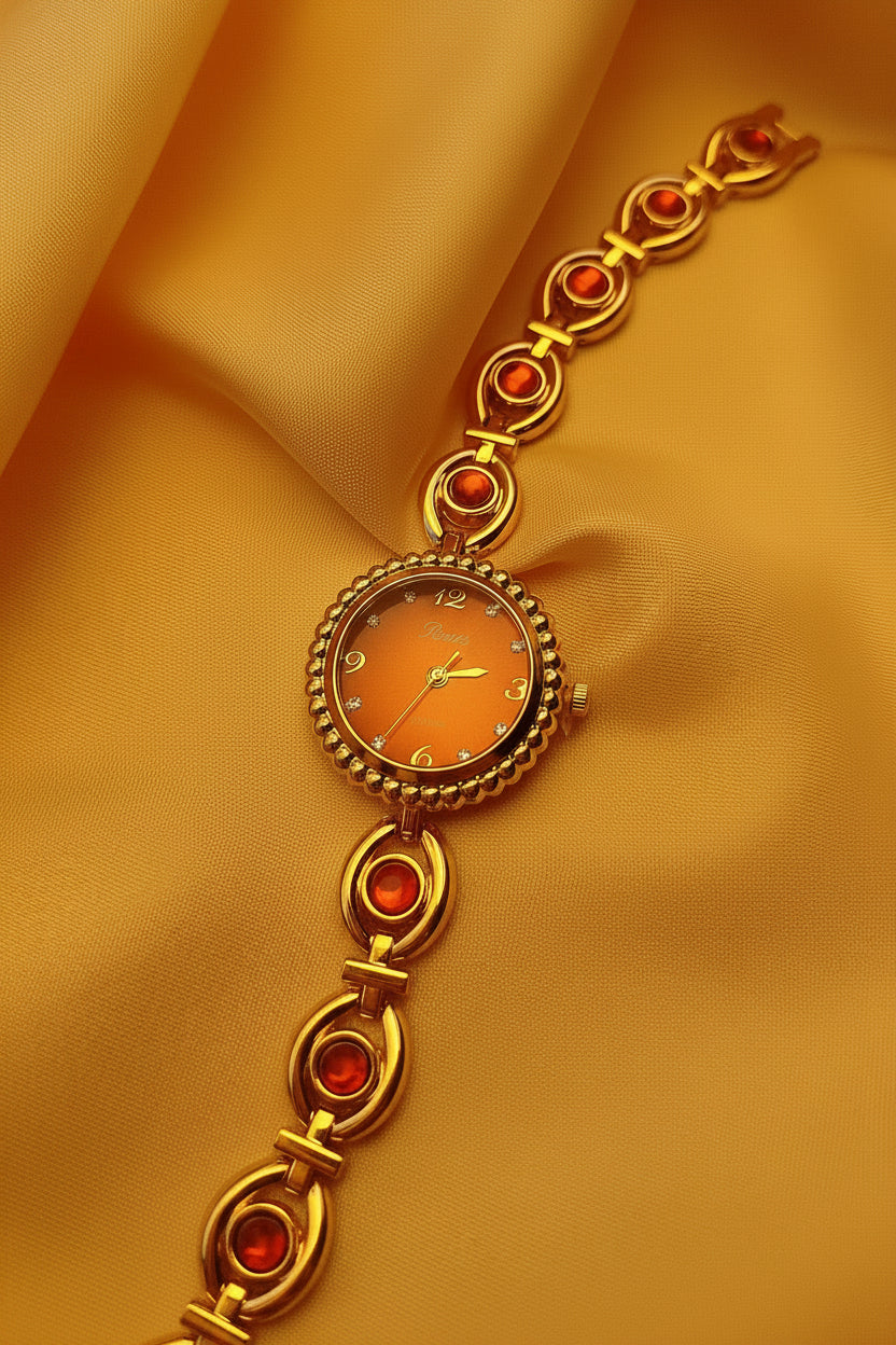 "Ruby" - Elegante Schmuckuhr in Gold mit roten Schmucksteinen